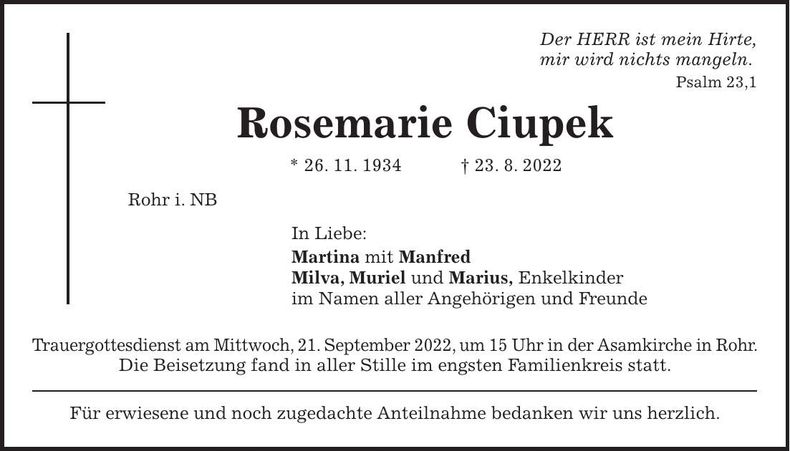 Traueranzeige Rosemarie Ciupek