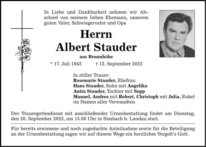 Traueranzeige Albert Stauder