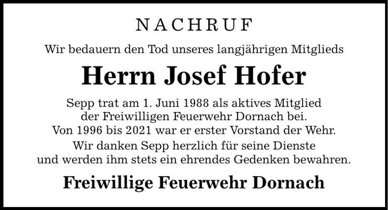 Traueranzeige Josef Hofer