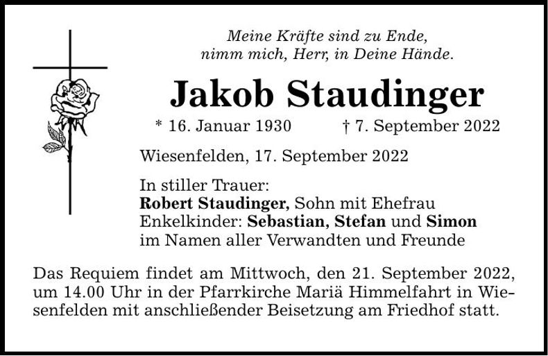Traueranzeige Jakob Staudinger
