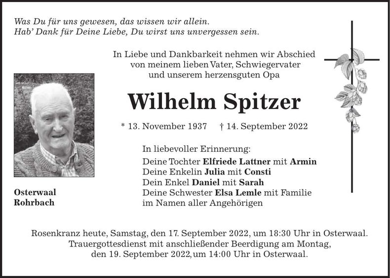 Traueranzeige Wilhelm Spitzer