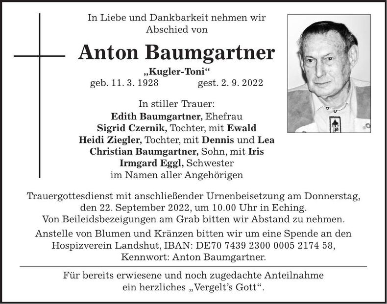 Traueranzeige Anton Baumgartner