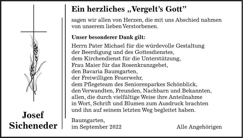 Traueranzeige Josef Sicheneder