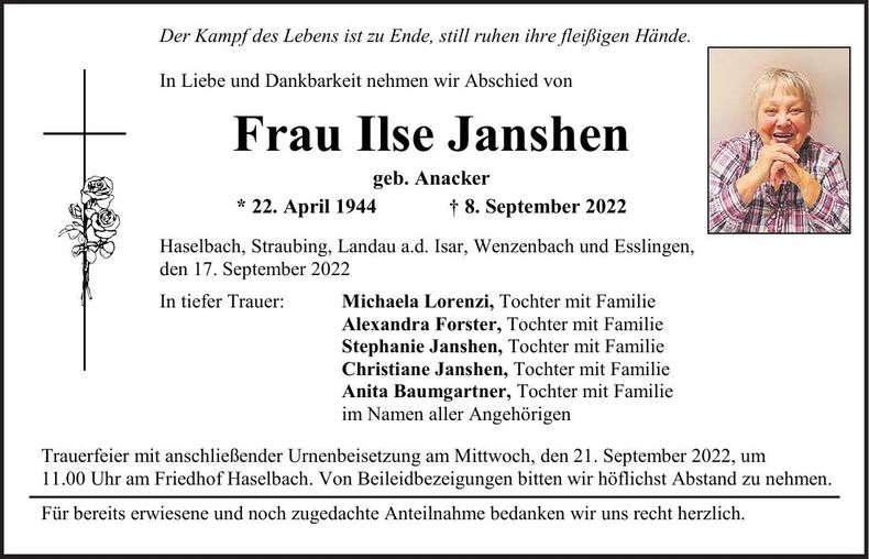 Traueranzeige Ilse Janshen