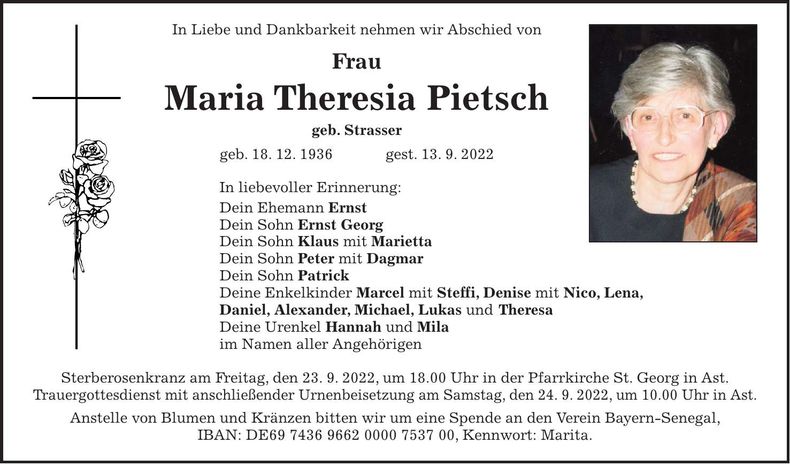 Traueranzeige Maria Theresia Peitsch