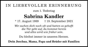 Traueranzeige Sabrina Kandler