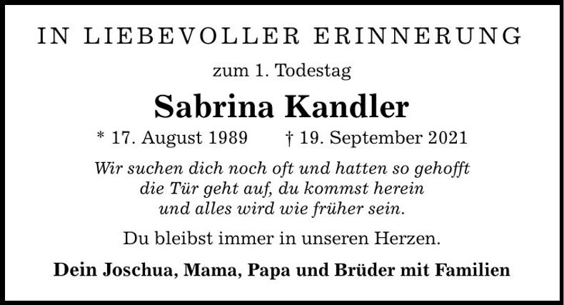 Traueranzeige Sabrina Kandler