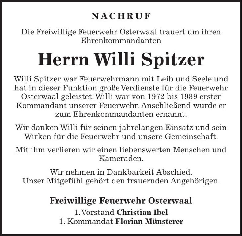 Traueranzeige Willi Spitzer