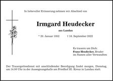Traueranzeige Irmgard Heudecker