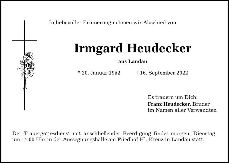 Traueranzeige Irmgard Heudecker