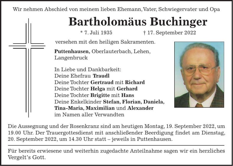 Traueranzeige Bartholomäus Buchinger