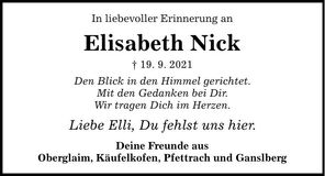 Traueranzeige Elisabeth Nick