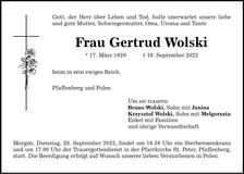 Traueranzeige Gertrud Wolski