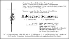 Traueranzeige Hildegard Sonnauer