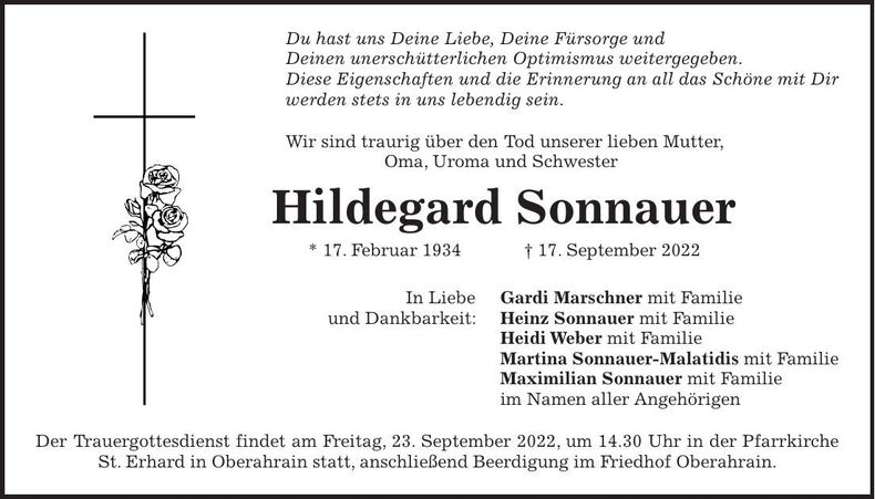 Traueranzeige Hildegard Sonnauer