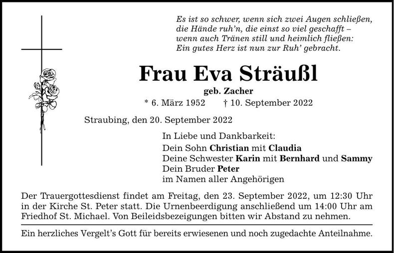 Traueranzeige Eva Sträußl