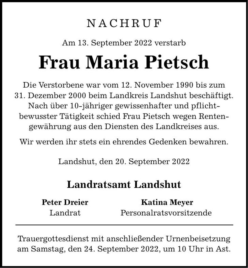 Traueranzeige Maria Pietsch
