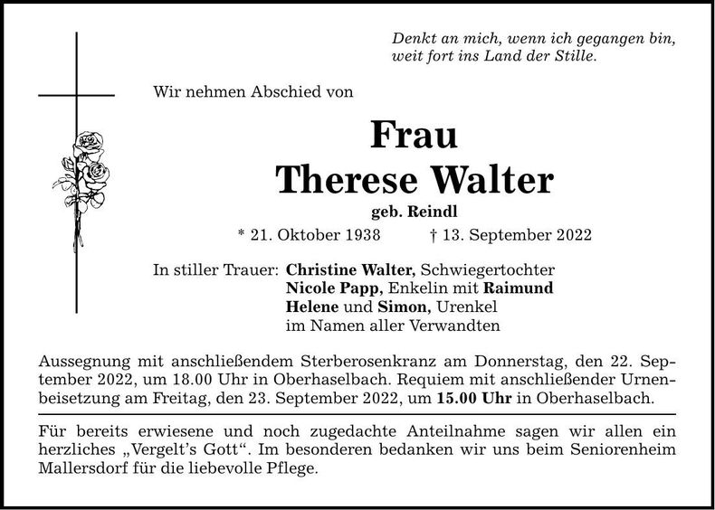 Traueranzeige Therese Walter