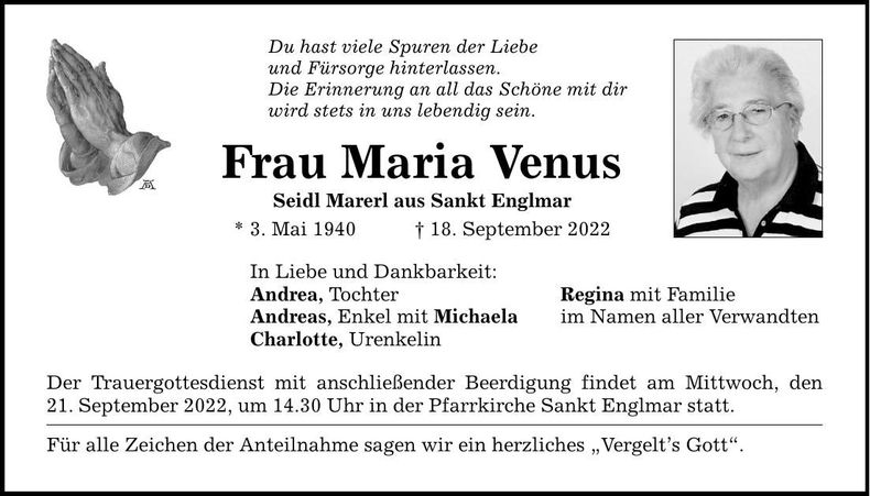 Traueranzeige Venus Maria