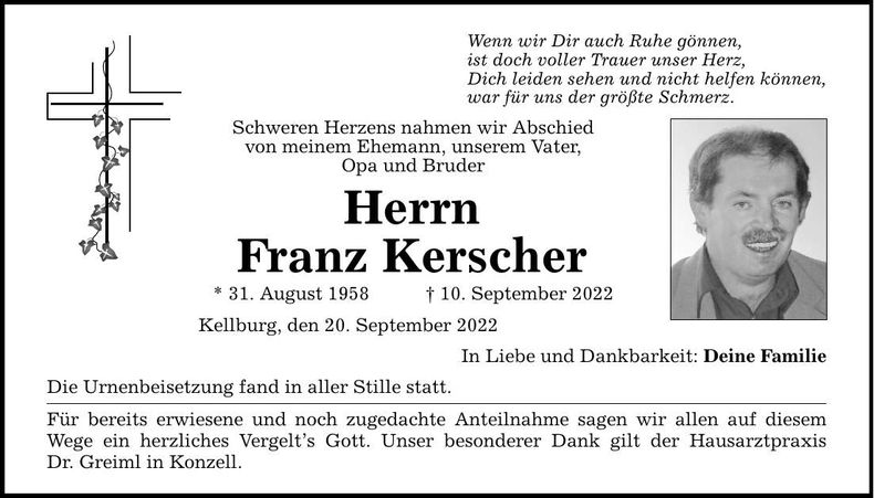 Traueranzeige Franz Steinbeisser