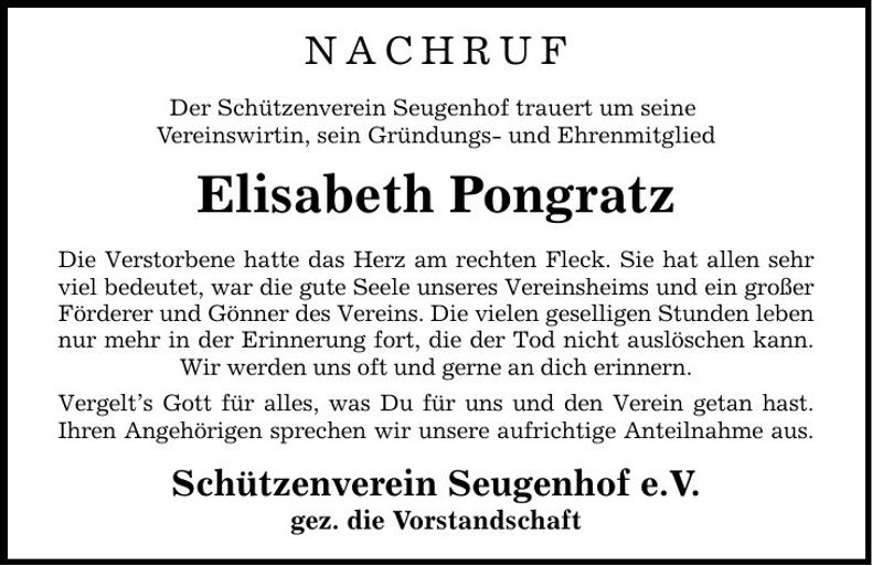 Traueranzeige Elisabeth Pongratz