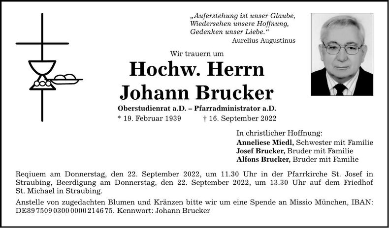 Traueranzeige Johann Brucker