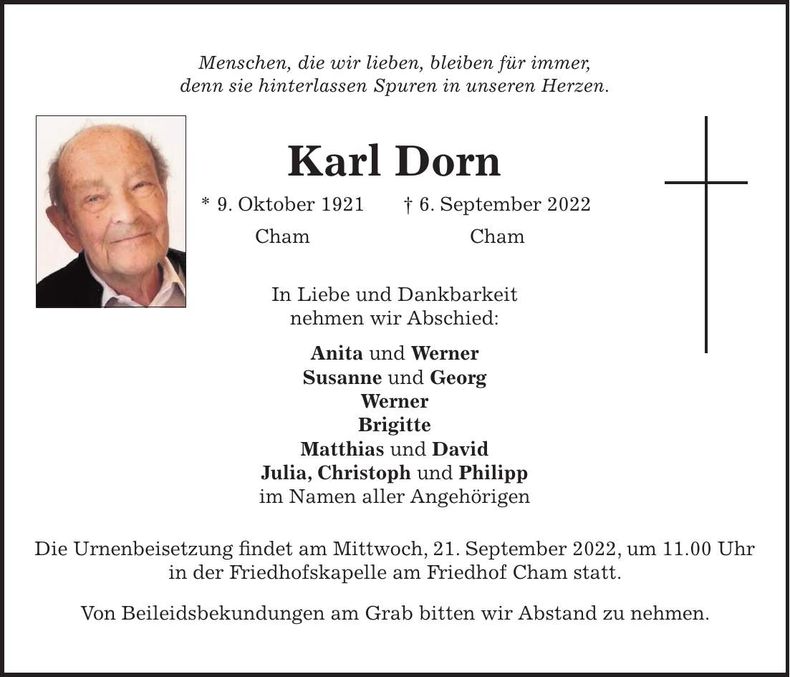 Traueranzeige Karl Dorn