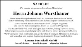 Traueranzeige Johann Wurstbauer