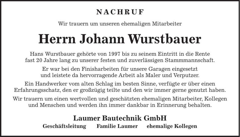 Traueranzeige Johann Wurstbauer