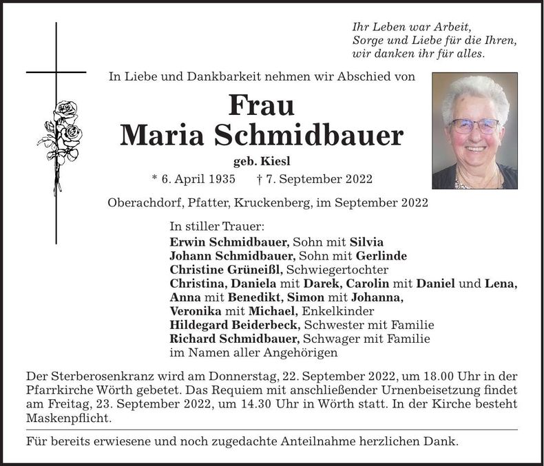 Traueranzeige Maria Schmidbauer
