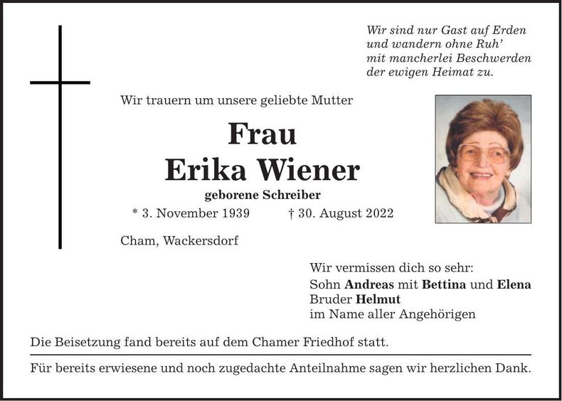 Traueranzeige Erika Wiener