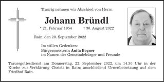 Traueranzeige Johann Bründl