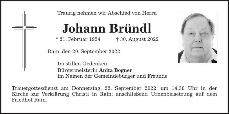 Traueranzeige Johann Bründl