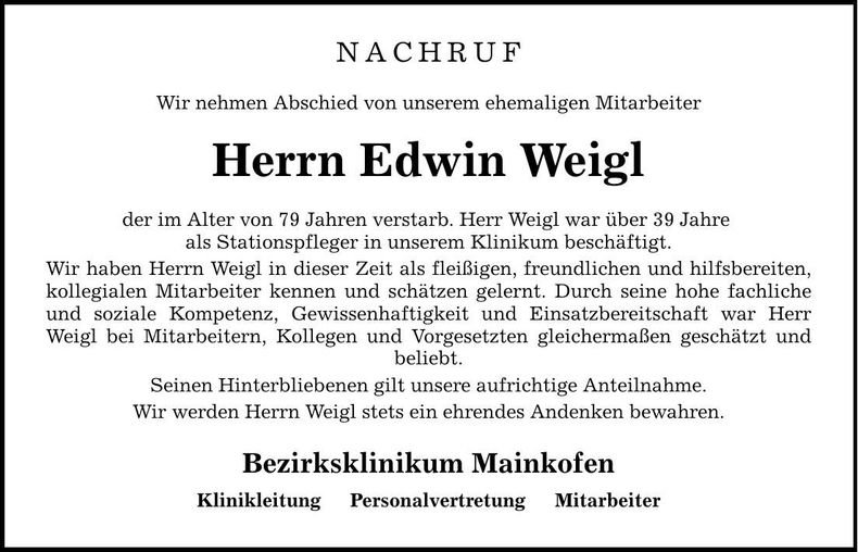 Traueranzeige Edwin Weigl