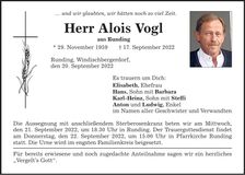Traueranzeige Alois Vogl