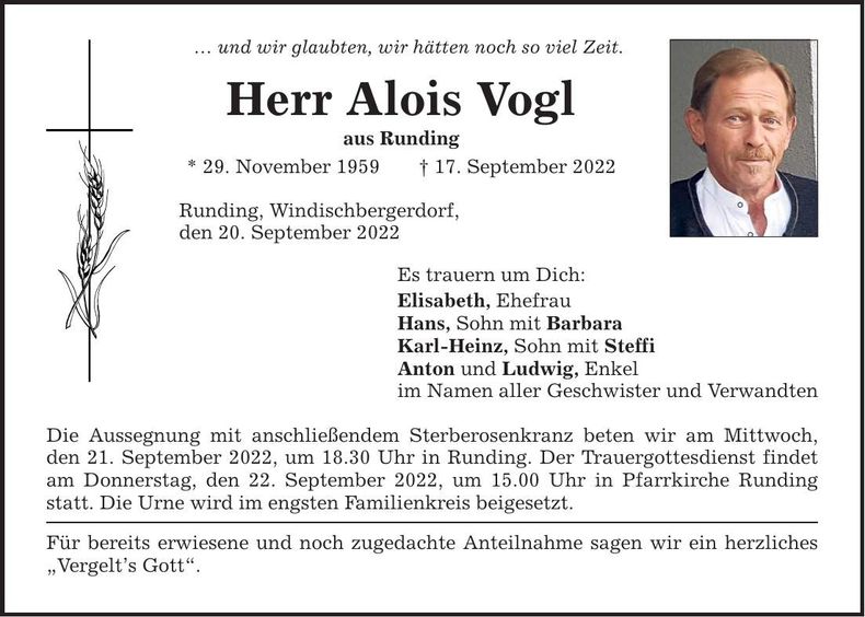 Traueranzeige Alois Vogl