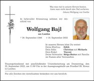 Traueranzeige Wolfgang Bajl