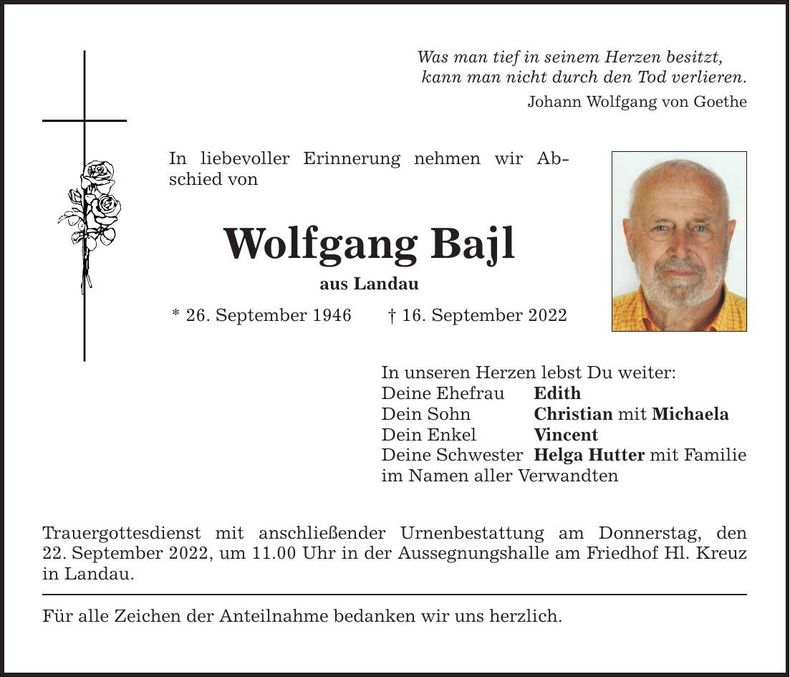 Traueranzeige Wolfgang Bajl