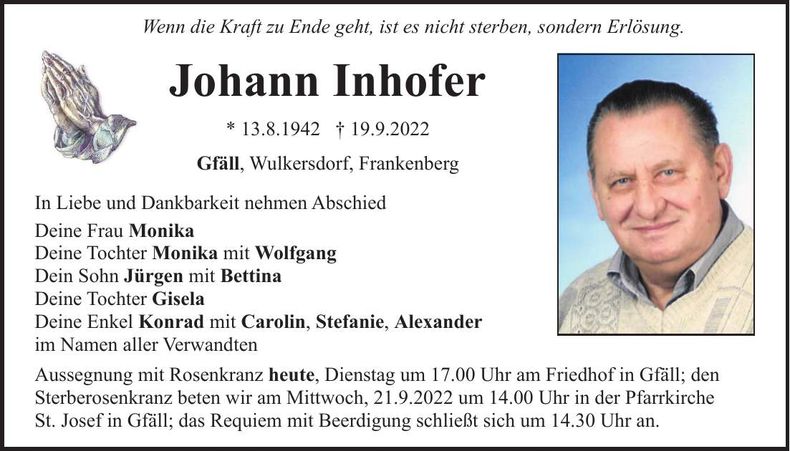 Traueranzeige Johann Inhofer