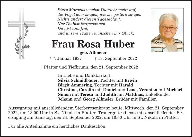 Traueranzeige Rosa Huber