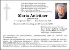 Traueranzeige Maria Anleitner