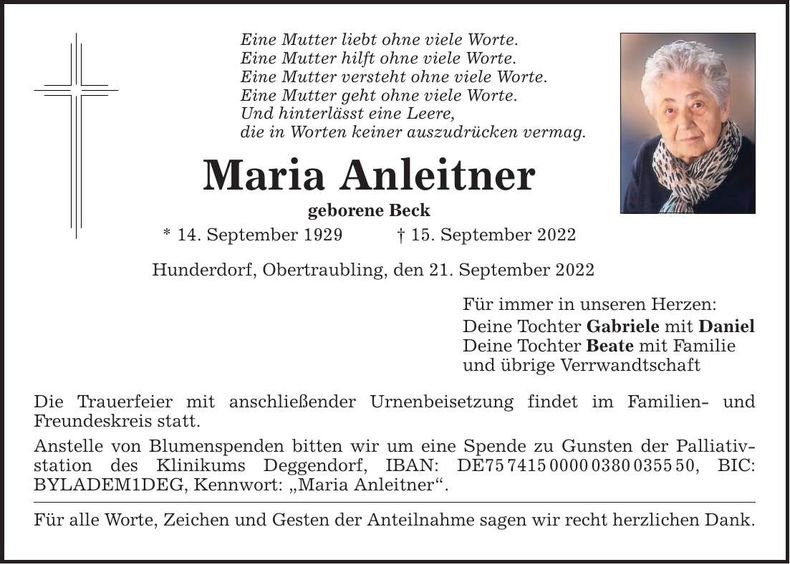 Traueranzeige Maria Anleitner