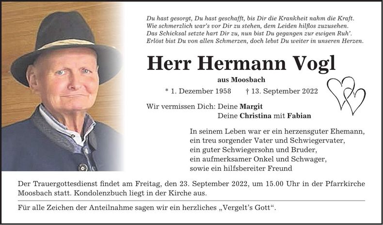 Traueranzeige Vogl Hermann
