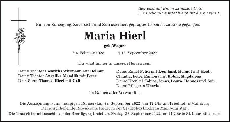 Traueranzeige Maria Hierl