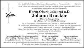 Traueranzeige Johann Brucker