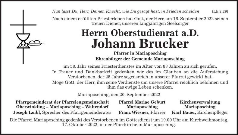 Traueranzeige Johann Brucker