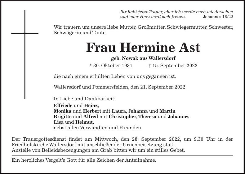 Traueranzeige Hermine Ast