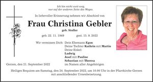 Traueranzeige Christina Gebler