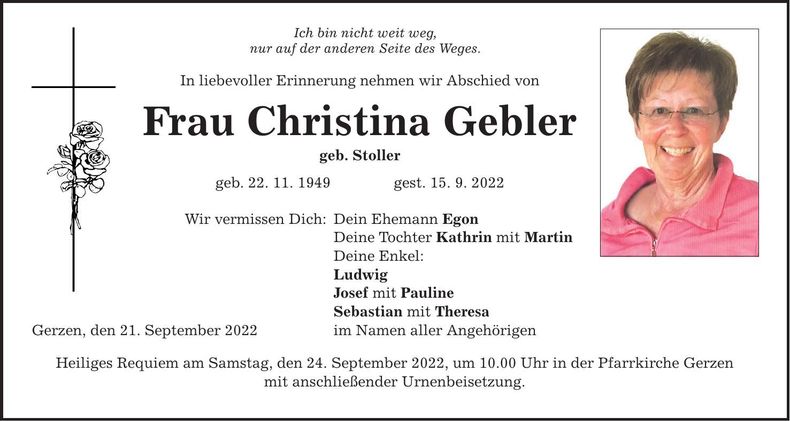 Traueranzeige Christina Gebler