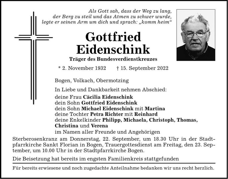 Traueranzeige Gottfried Eidenschink